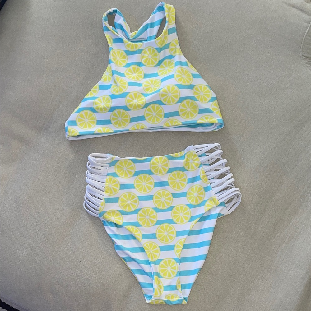 Lemon Print High Neck High-waisted Bikini Set - Blue and Yellow